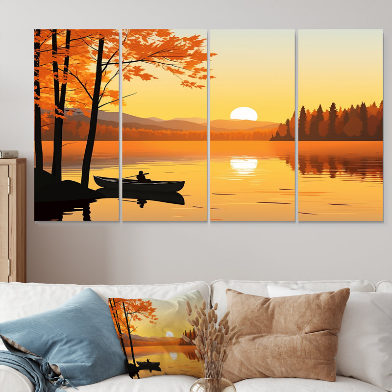 «Canoe By The Sunset Lake - Lake», art mural 4 pièces, H 28 po x l 48 po