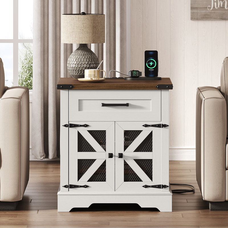 23.6"W Farmhouse End Table with Charging Station Square Wooden Nightstand Large Sofa Side Table with Storage Cabinet
