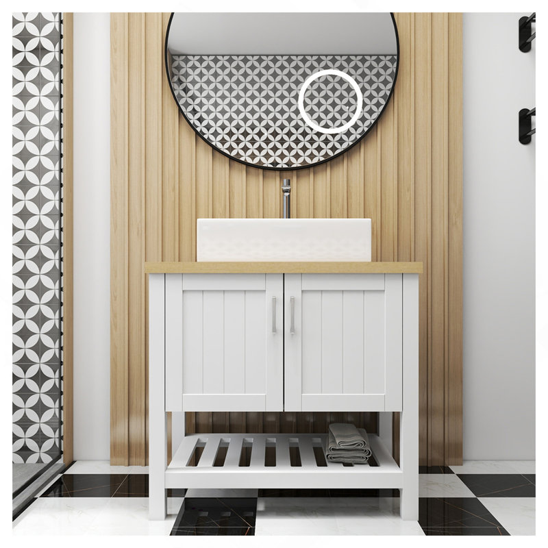 Meuble-lavabo simple 32 "avec lavabo, meuble-lavabo simple avec portes et tablette ouverte, petit meuble-lavabo en bois massif avec lavabo, blanc + naturel