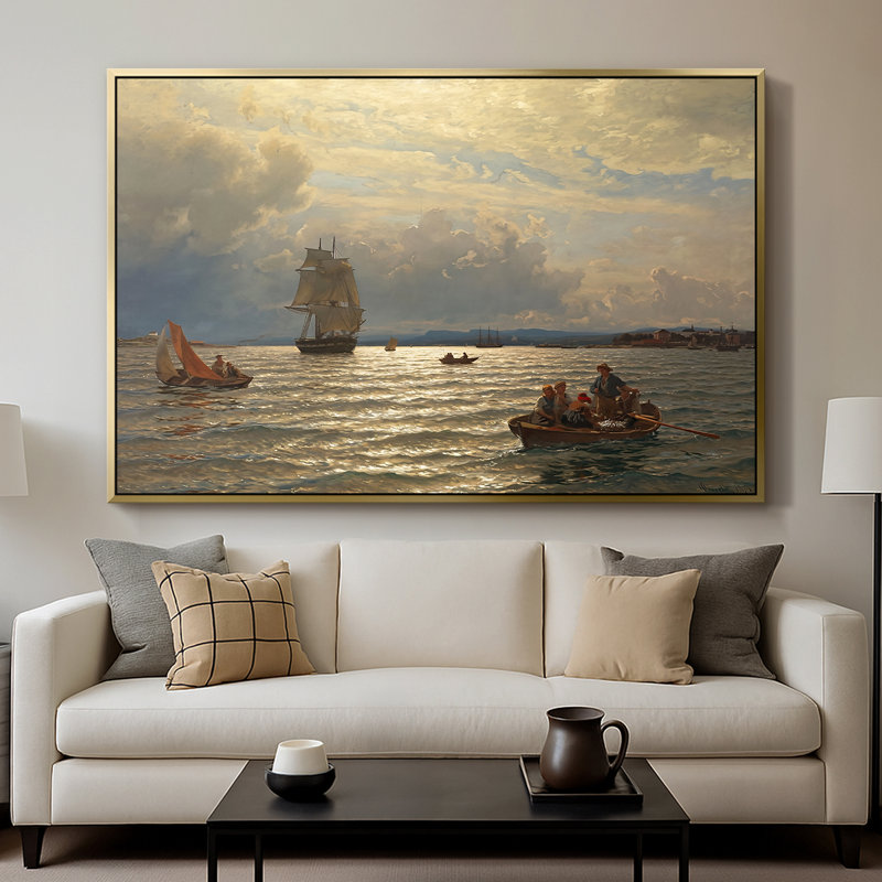 From the Inlet of Oslo, 1874 - Hans Gude, toile tendue avec châssis, 26 x 40, Doré