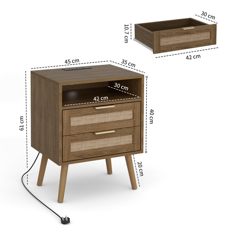 45 cm W Solid Wood Bedside Table, Rattan Brown
