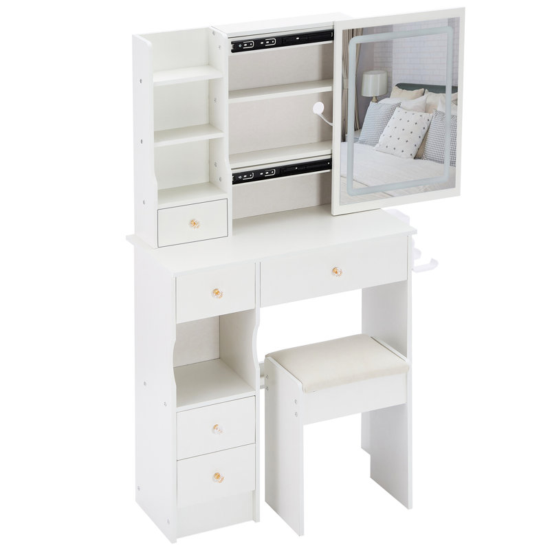 29.2" Left Drawer Vanity Table With Cushioned Stool, 2 Ac+2 Power Supply, Hair Dryer Bracket, Large Touch - Controlled Sliding Led Mirror Three Color Lighting And Brightness Adjustment, Suitable For