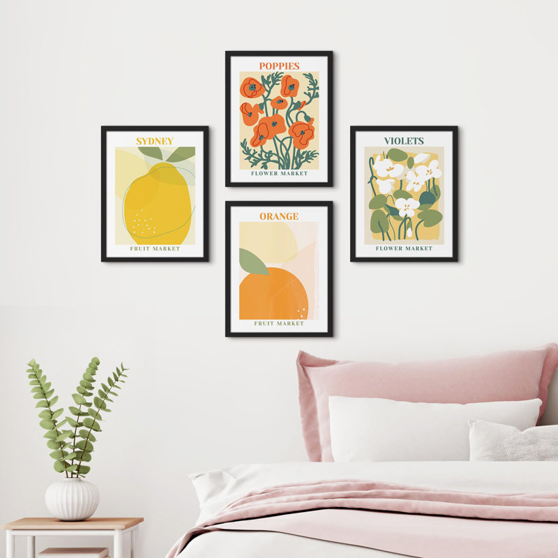 " Sydney Orange Flower Poppies " 4 - Pieces, Black, 16" H x 12" W