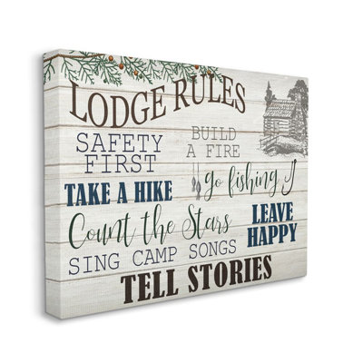 «Lodge Rules Text With Cabin Brown Blue Word Design» par Kim Allen - impression d'art graphique