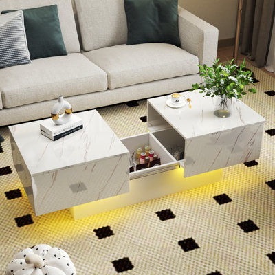 Table basse avec plateau coulissant, table centrale avec compartiment de rangement caché, table extensible pour le salon