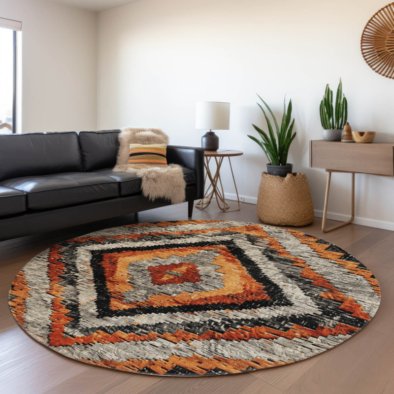Machine Washable Indoor/Outdoor Xhevrie Terracotta Rug, Round 8' x 8'