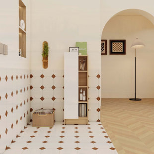 Narrow Storage Cabinet with Single Door and 4-Tier Open Shelves