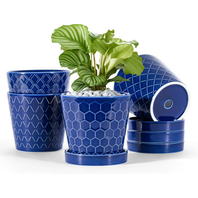 Set Of 4 Blue 5" Ceramic Pots With Trays