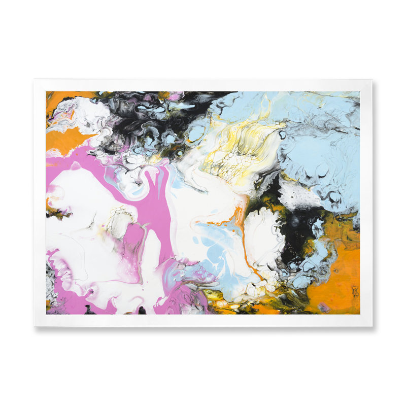 Rose, orange, blanc et bleu clair abstrait - peinture sur toile, H 24 po x l 32 po x P 1 po, Cadre de coin blanc fermé