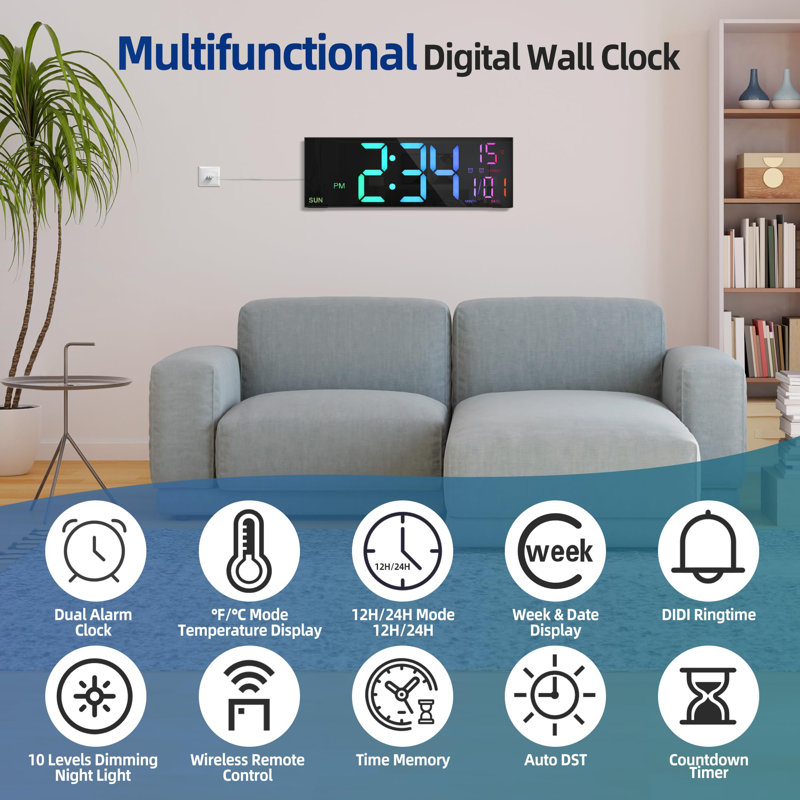 Large Digital Wall Clock With Remote Control, Big LED, Black