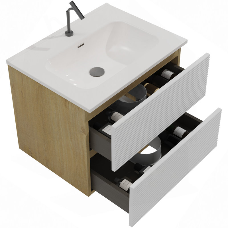 Meuble-lavabo mural avec lavabo intégré en céramique avec trop-plein, grand meuble-lavabo flottant de rangement pour salle de bain moderne, pré-assemblé