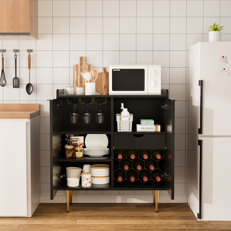 37.4'' Modern Coffee Bar Cabinet With Wine Racks And Drawer Storage For Living Room, Black