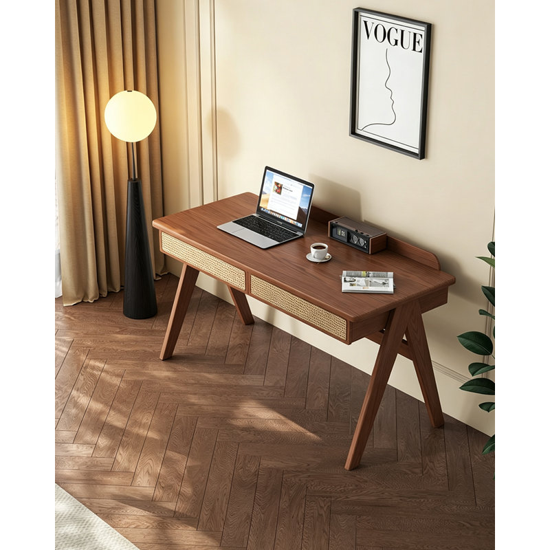 Bureau moderne en bois de frêne et de rotin, H 29,53 po x l 47,24 po x P 23,62 po, Brun
