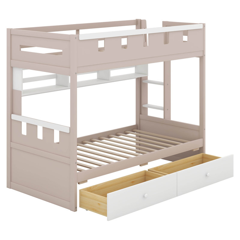 Lit superposé avec lumières DEL, lit superposé de style château en bois avec tiroirs de rangement et tablette, Twin, White