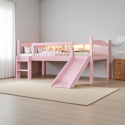 Lit mezzanine avec tablettes de rangement, lit mezzanine inférieur en bois massif avec lumières DEL et garde-corps pleine longueur, aucun sommier nécessaire