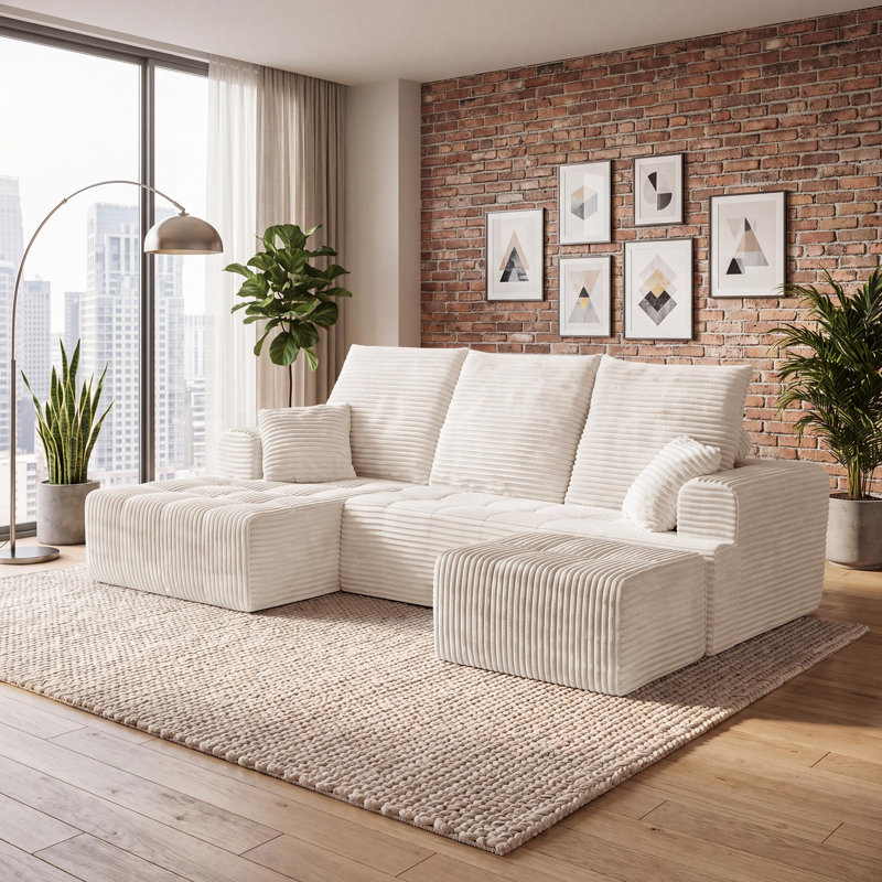 Canapé d'angle modulaire compressé en forme de U de 277 cm de large avec méridienne et pouf, 3 pièces, revêtement en velours côtelé, assise profonde, ressorts ensachés et 5 coussins pour salon, aucun assemblage requis, beige