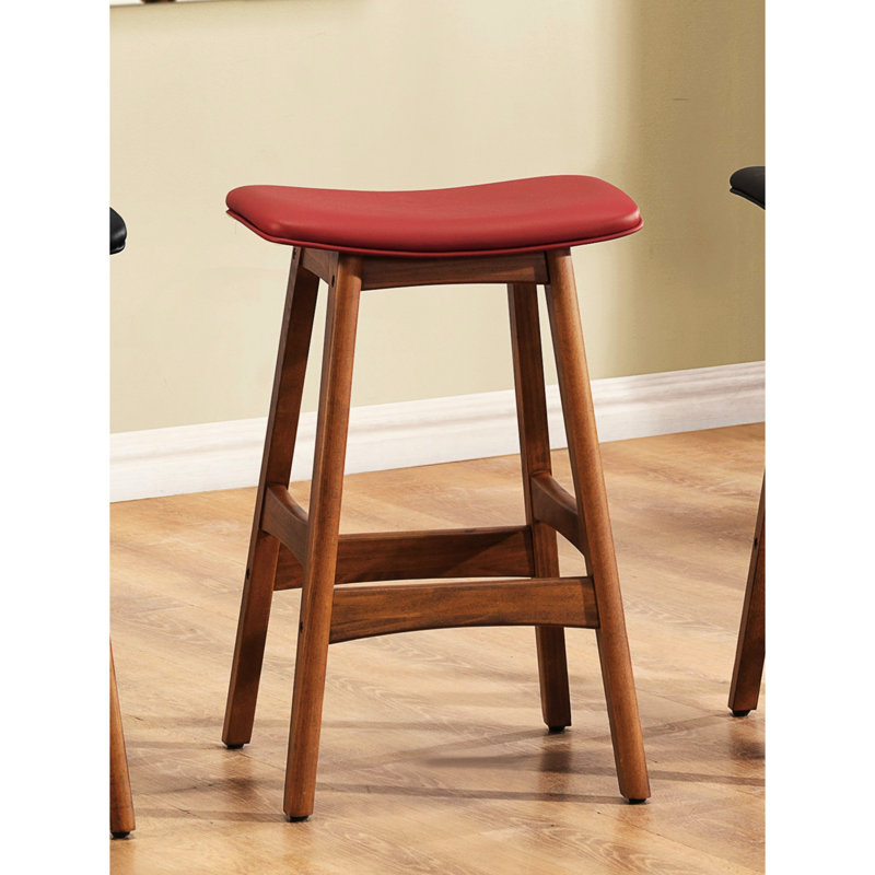 2 tabourets en bois massif de style Mid-Century moderne, finition noyer et siège en similicuir mat rouge pour comptoir de cuisine
