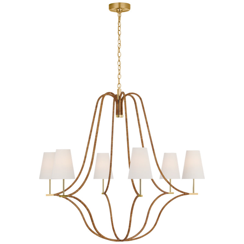 Biscayne 6 - Light Chandelier, Antique-Burnished Brass/Natural Rattan, 42.75" H x 45.75" W x 45.75" D