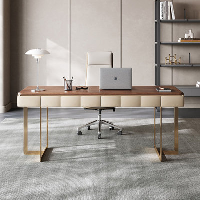 Tan+Gold Rectangular Solid + Manufactured Wood+Stainless Steel with 2 drawers desk