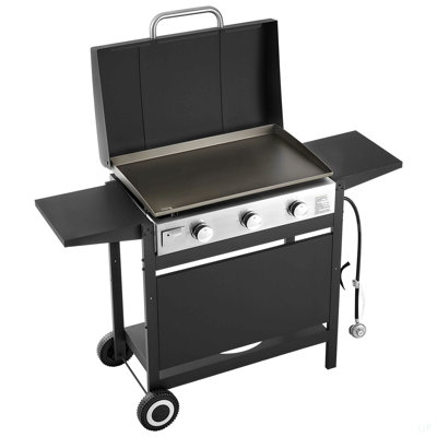 Plaque chauffante au gaz, plaque chauffante à 3 brûleurs, plaque chauffante au propane avec roulettes, couvercle, grilles plates extérieures de 3 X 11 000 BTU pour la friture, le gril, le sauté et le barbecue, l'allumage par impulsion et la conception du plateau amovible