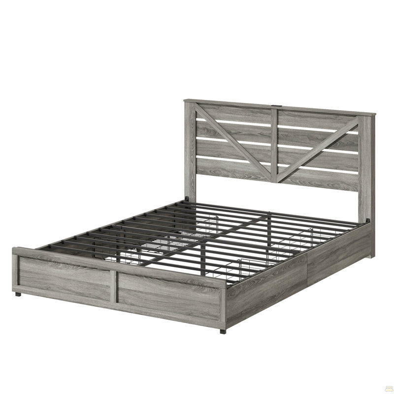 Base de lit grand avec rangement et tête de lit (4 tiroirs de rangement sur le corps du lit + éclairage DEL), Grand lit