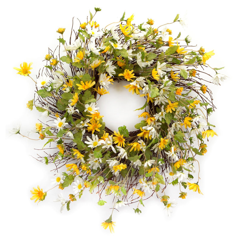 Normant 24" Green White And Yellow Spring Daisy Artificial Wreath