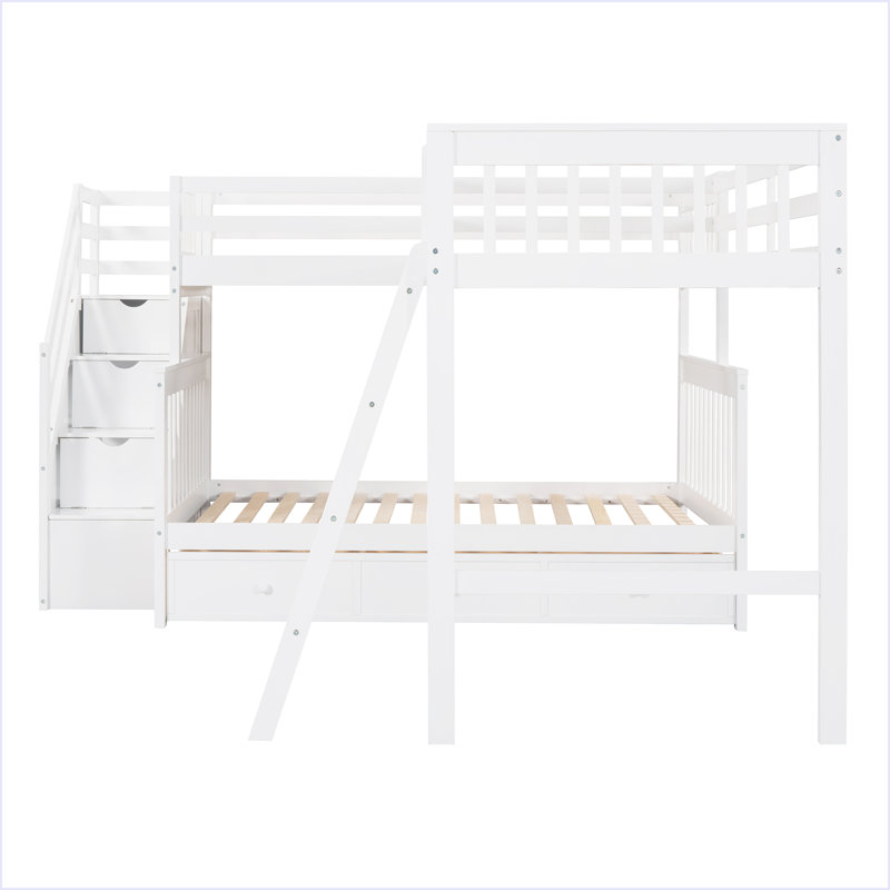 Lit superposé simple au dessus d'un lit double en L avec 3 tiroirs, Blanc