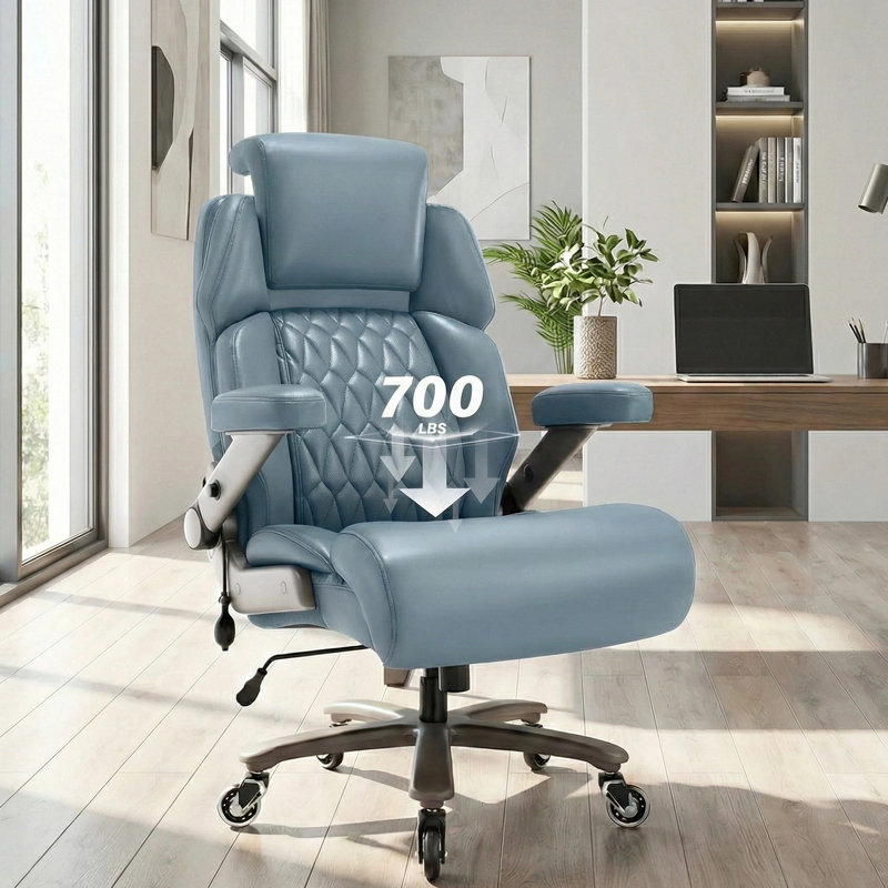 Mikial 500lbs Big and Tall Executive Office Chair - Breathable Leather, 3D Arms, & Air-Compressed Lumbar Support, Blue
