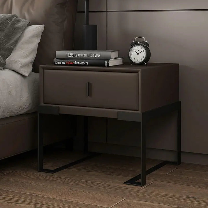 Chrysanthi Luxury Bedside Table Solid Wood Cabinet Mini Leather, Brown