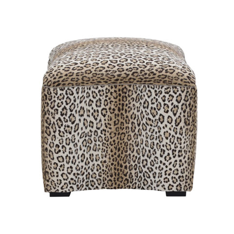 Square ottoman upholstered in a tan and brown leopard print fabric on small black feet.