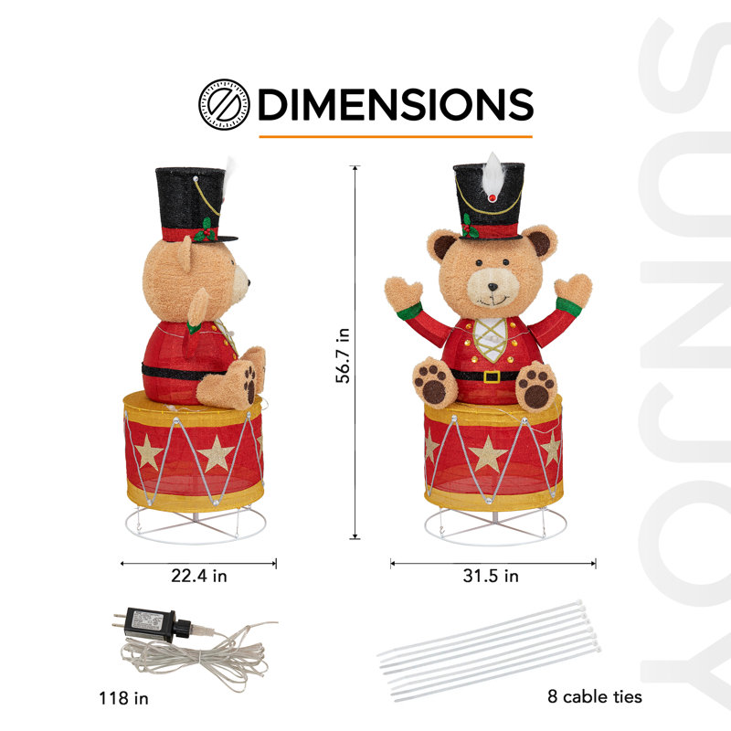 Sunjoy, ours de tambour éclairé de Noël 57 pouces, guirlande de père Noël 3D, ours de tambour extérieur, décoration de fête de jardin intérieur avec lumières 