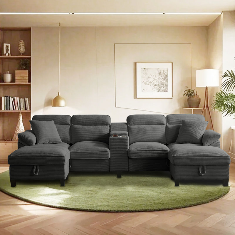 U-Shaped Corduroy Sectional Sofa, Cloud Comfort With Storage Ottomans & USB/Type-C Ports-Gray, Gray Corduroy