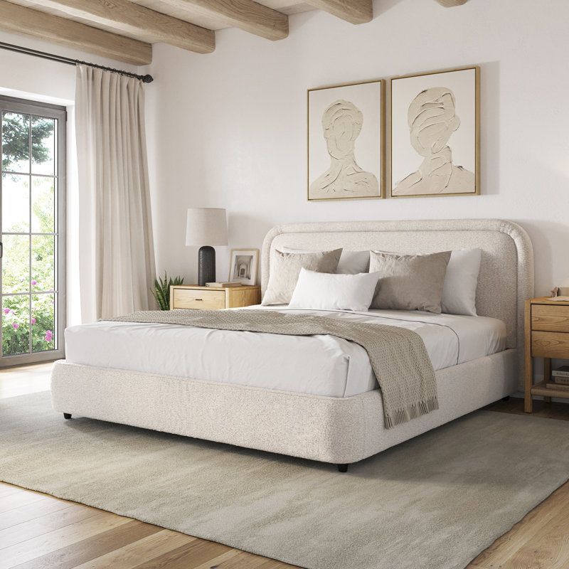 Premium Upholstered Crowder Bed with Headboard, Performance Fabric,, Queen, Boucle