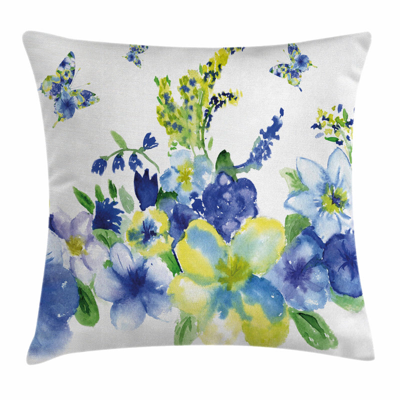 Blue and Yellow Floral Watercolor Polyester Throw Pillow