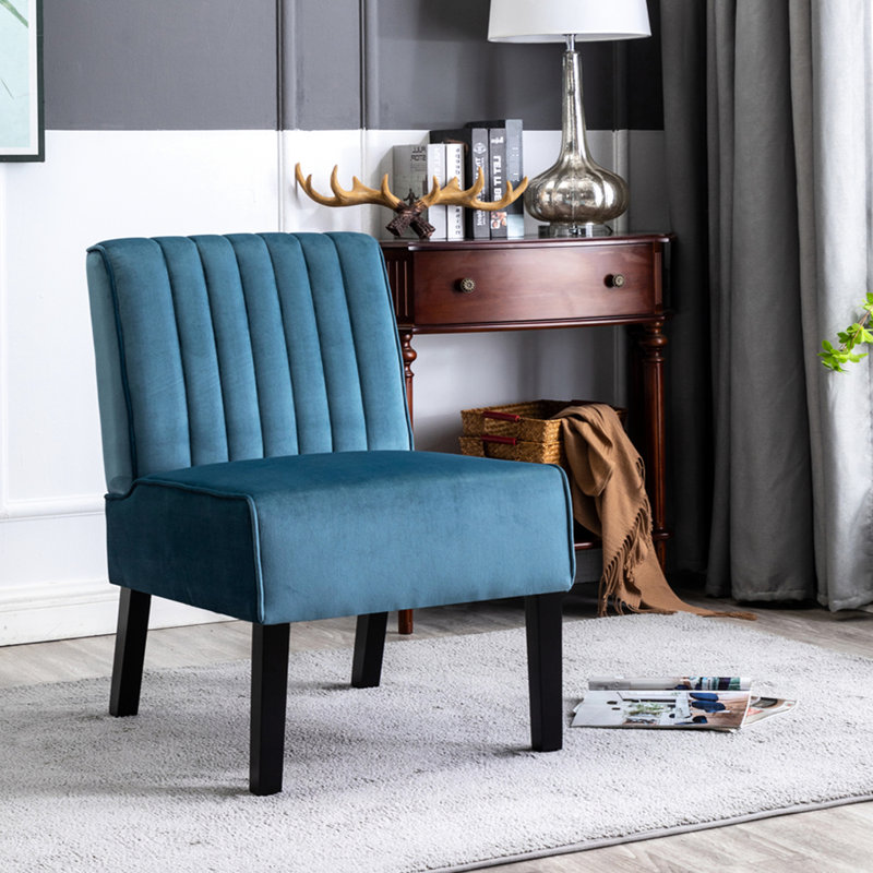 Lot de 2 fauteuils en velours bleu de style Mid-Century Modern avec pieds en bois massif, parfaits comme chaises d'appoint pour le salon ou la chambre à coucher, 5 cm de hauteur.