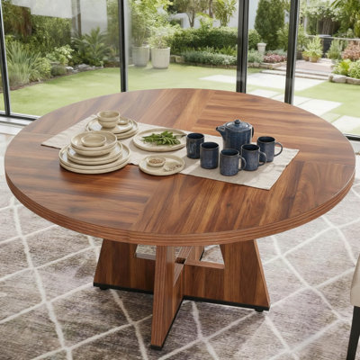 47 inch Round Wood Dining Table for 6, Rustic Kitchen Table Set for Dining Room