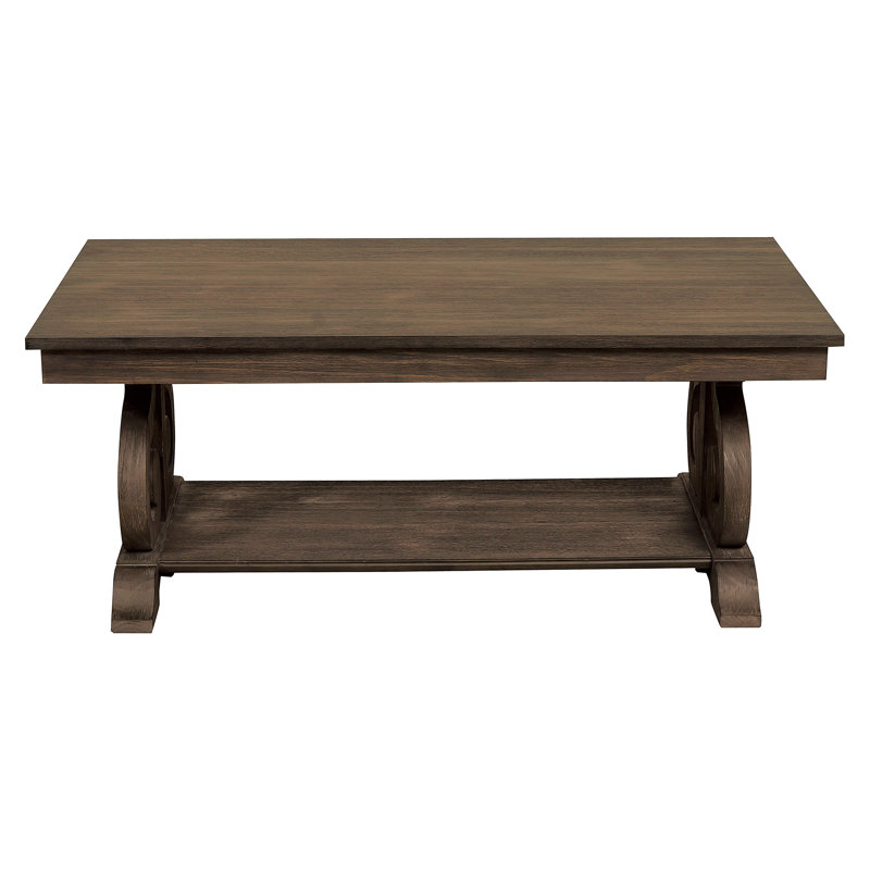 Classic Traditional Cocktail Table With Bottom Shelf Dark Oak Finish Scrolled Base Support 1Pc Wooden Furniture Living Room Coffee Table