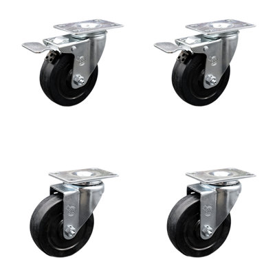 4 Inch SS Soft Rubber Wheel Top Plate Caster Set 2 Total Lock Brakes SCC