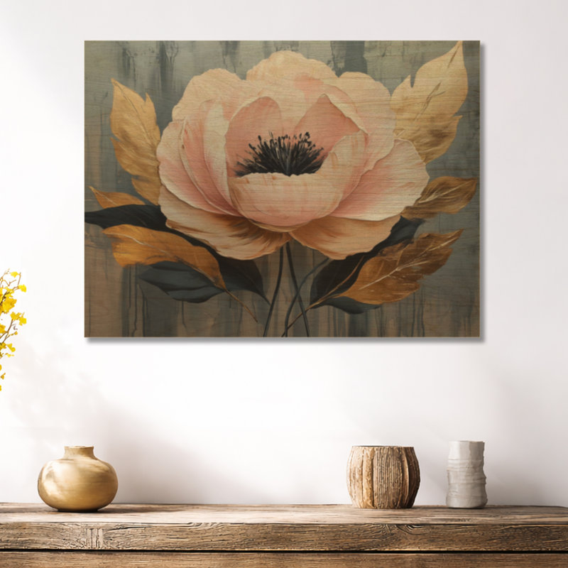 Pivoines Feuille d'Or II - Décoration Murale Florale en Bois, H 18 po x l 24 po, Rectangle