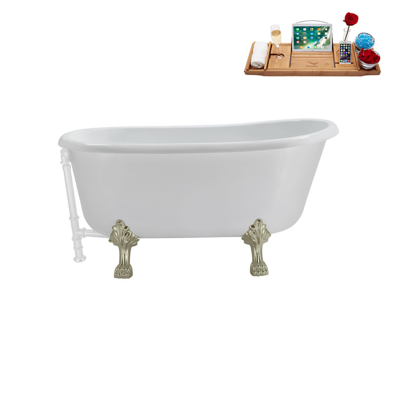 57.5'' x 29.5'' Soaking Acrylic Bathtub, Glossy White, Brushed Nickel