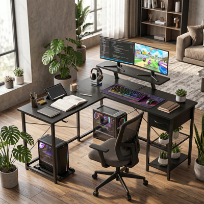 Bureau en forme de L, bureau à domicile de 53,9 po avec tablettes de rangement, bureau de jeu en forme de L