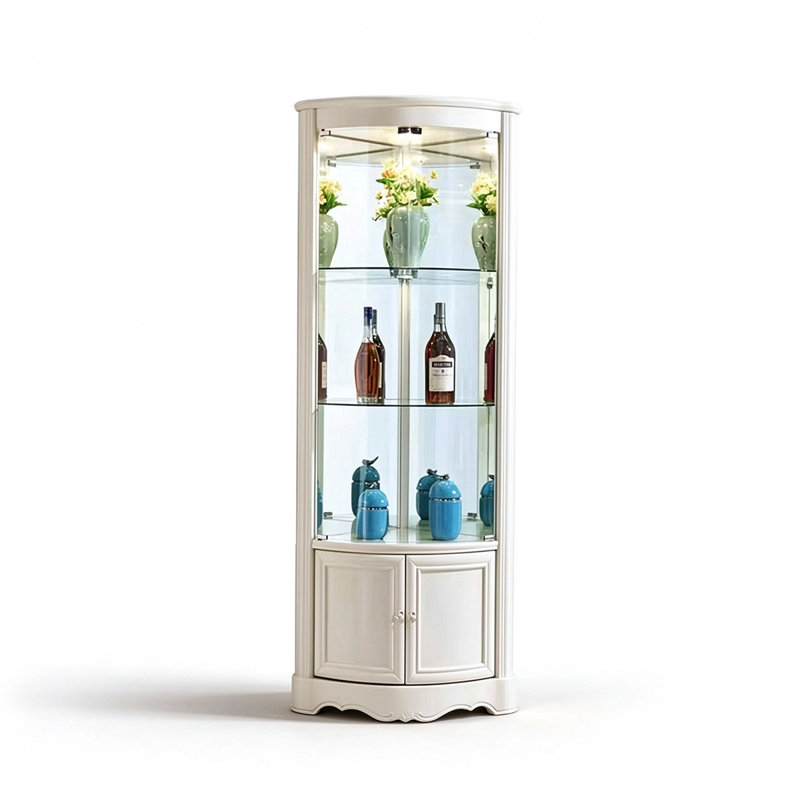 Armoire à vin de coin courbée et éclairée avec tablettes en verre trempé