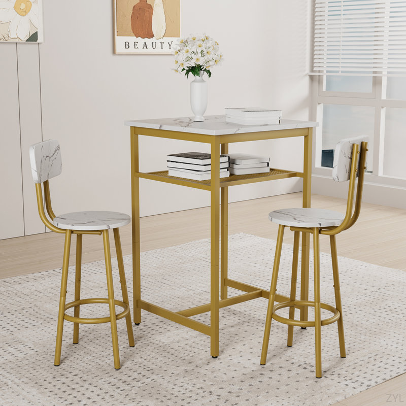Table de bar, équipée de 2 tabourets de bar, avec dossier et cloison, Blanc, Blanc, Doré