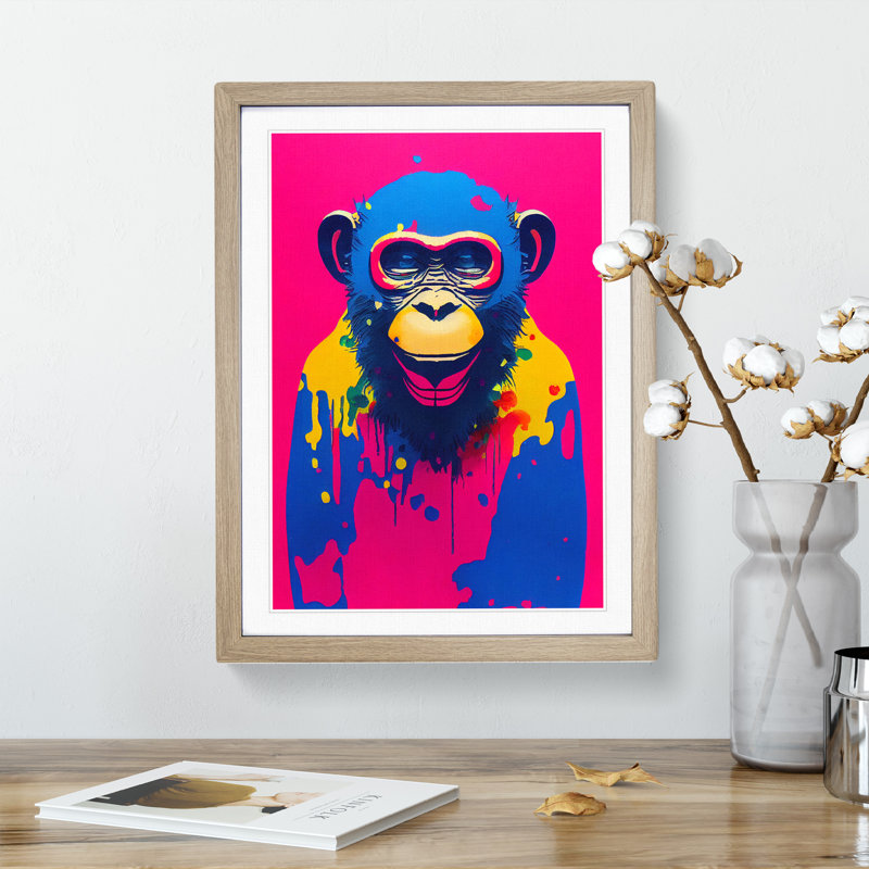 Paint Drip Monkey No.1 - Wall Art, 64cm H x 46cm W x 2cm D, Oak Framed