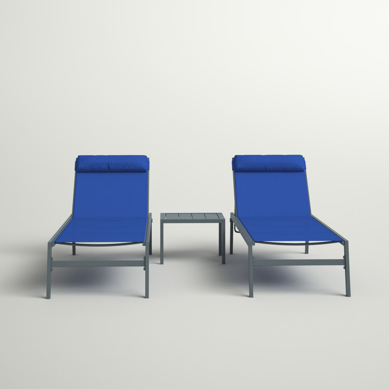 Blue Adjustable Wrought Iron Outdoor Chaise Lounge Set with Table