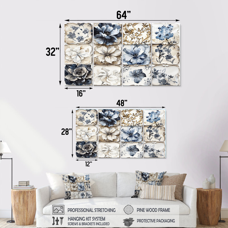 «White and Blue Floral Abstract Tiles IV - Boho Tiles», ensemble d'art mural, H 28 po x l 48 po