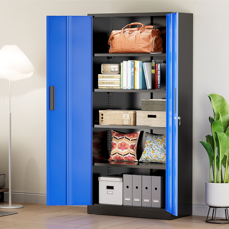 Steel Single Storage Cabinet with Lock ( 72'' H x 32'' W x 16'' D), Black/Blue