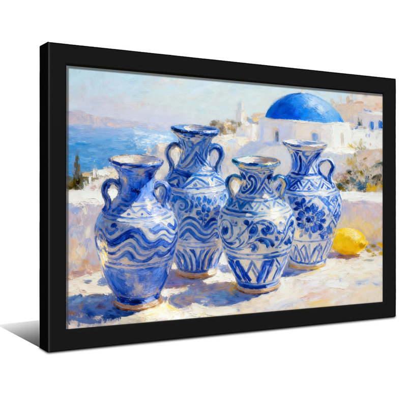 Vases en céramique bleus et blancs avec vue sur l'océan, H 12 po x l 18 po, Toile tendue, Ne s’applique pas