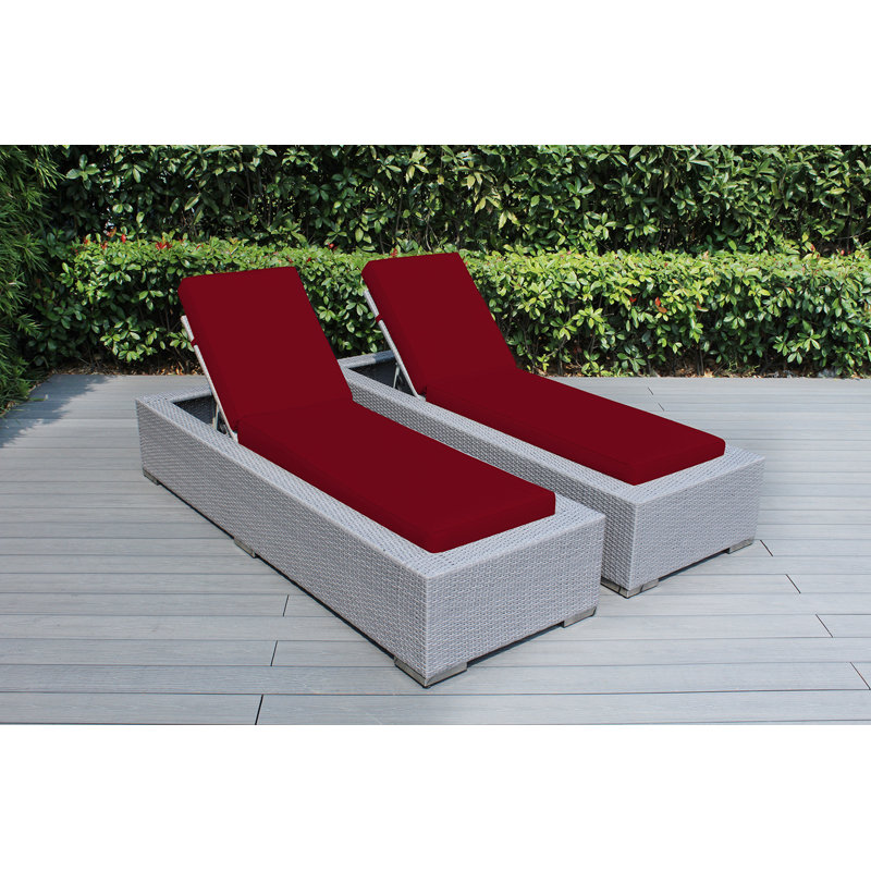 Billyjo Outdoor Wicker Chaise Lounge - No Assembly, Canvas Jockey Red Sunbrella® Canvas, Gray