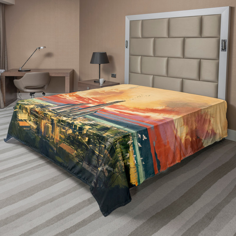 Ambesonne Urban Top Flat Sheet Modern Harbor Cityscape Multicolor, California King